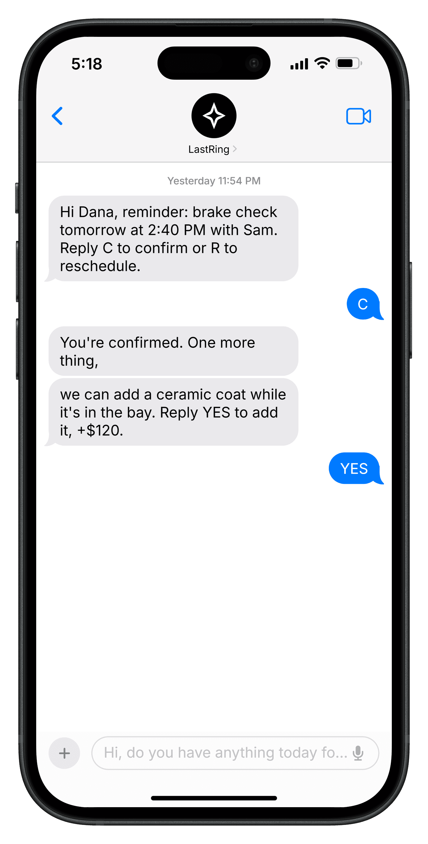 SMS thread: appointment reminder, confirmation, and a ceramic coat upsell accepted with YES