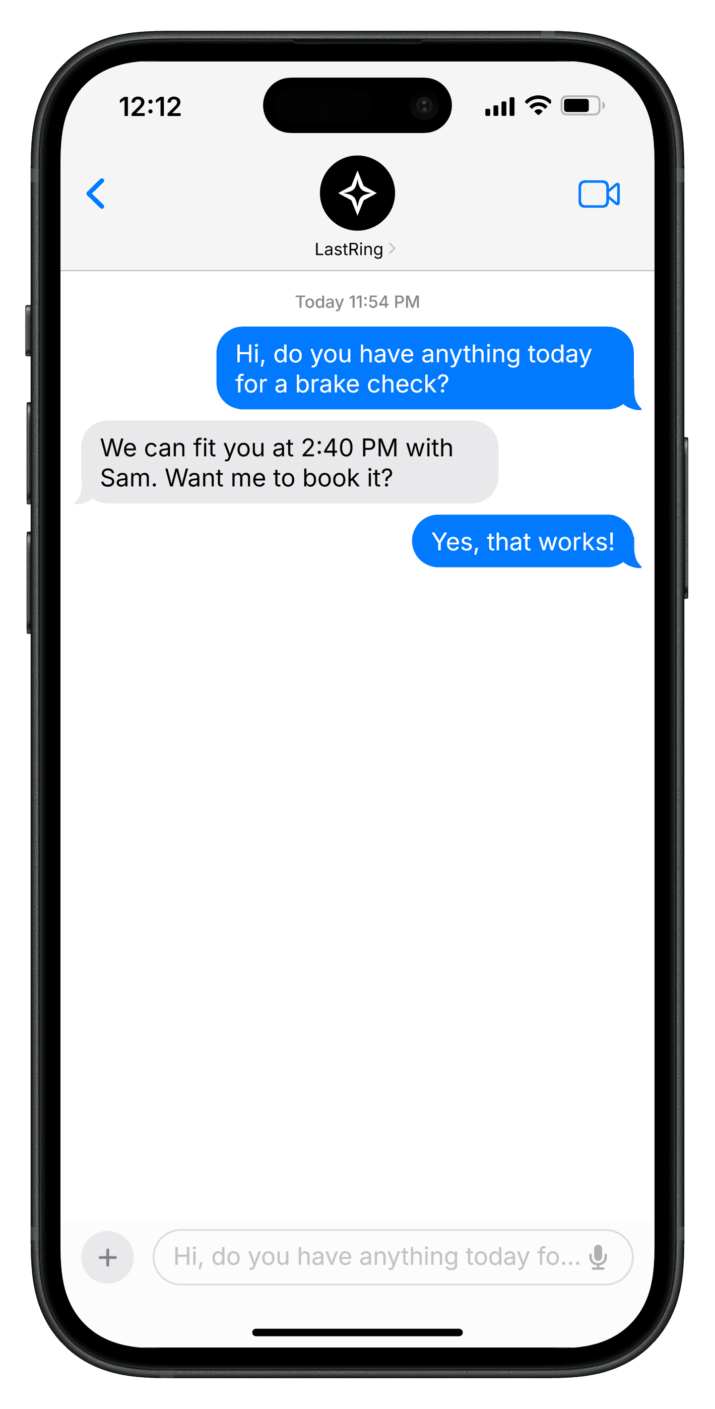 iMessage thread: a caller asks about a brake check and LastRing books 2:40 PM with Sam